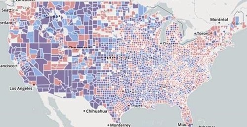 Map of the US. Counties highlighted in purple have a "double burden" of lower rates of rural broadband access (less than 50%) as well as physician shortages (80 or fewer per 100,000 people). Image Source: FCC